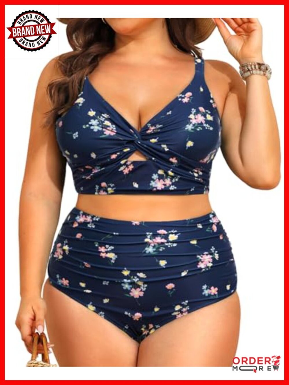 Plus Size Two Piece Bikini Set with Knot Twist Top and High Waist Bottom Tummy
